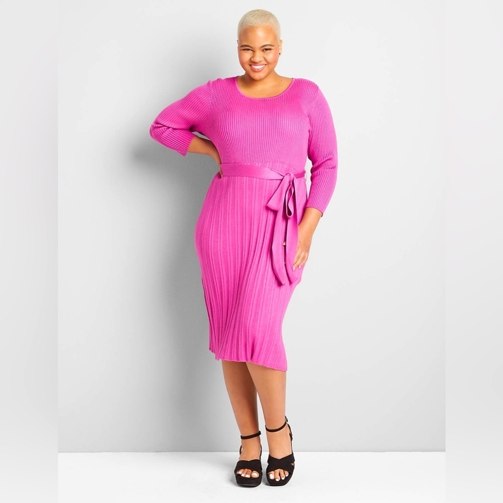Lane Bryant Orchid Pink Ribbed Knit Belted Fit & Flare Sweater Midi Dres…